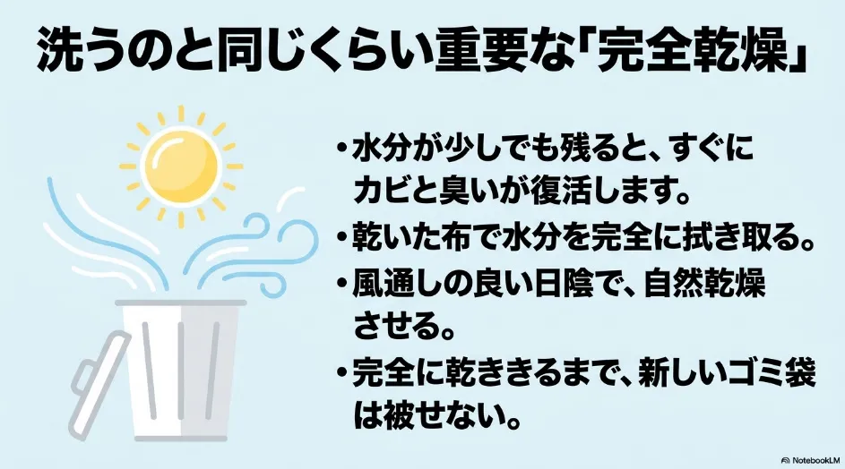 洗ったゴミ箱の水分を布で拭き取り、風通しのよい日陰で完全に乾燥させてから袋を取り付ける手順