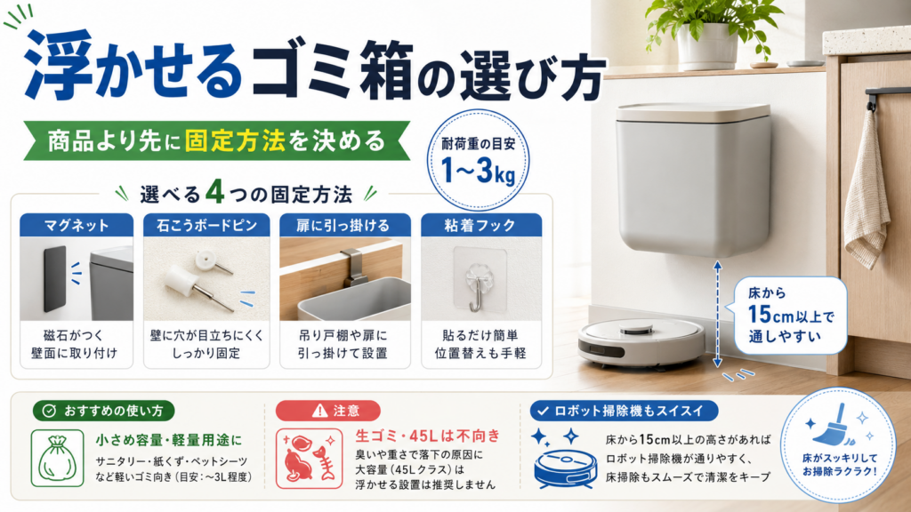 浮かせるゴミ箱の選び方を解説したアイキャッチ画像。マグネット・石こうボードピン・扉掛け・粘着フックの4つの固定方法と、耐荷重1〜3kg、床から15cm以上の設置目安を紹介。