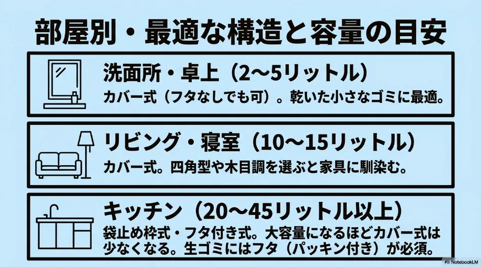 洗面所や卓上は2〜5L、リビングや寝室は10〜15L、キッチンは20〜45L以上を目安として、適した構造を示した図