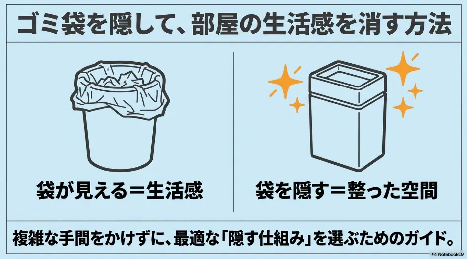 ゴミ袋が外側に見えるゴミ箱と、袋を内側に隠して整えたゴミ箱を左右に比較し、生活感を抑える方法を示した図