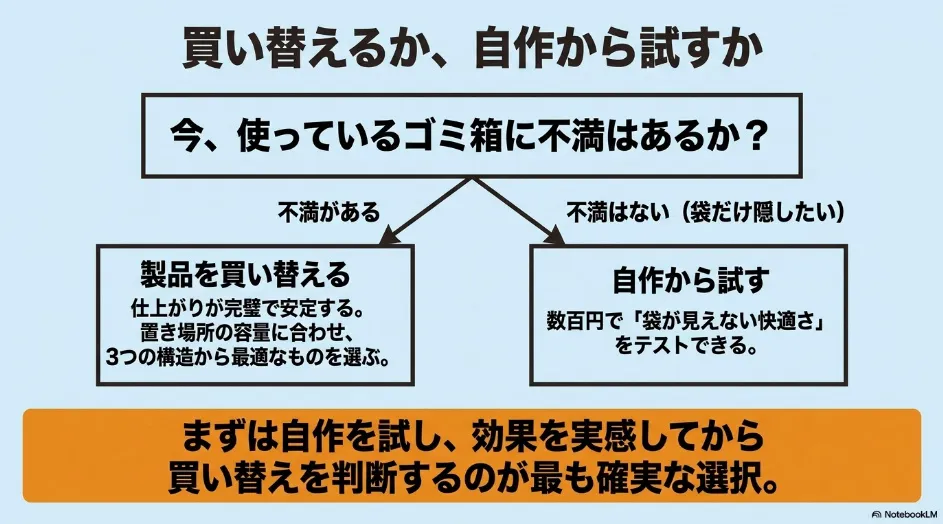 現在使用しているゴミ箱への不満の有無から、製品へ買い替えるか、自作の袋止め枠を試すかを判断する分岐図