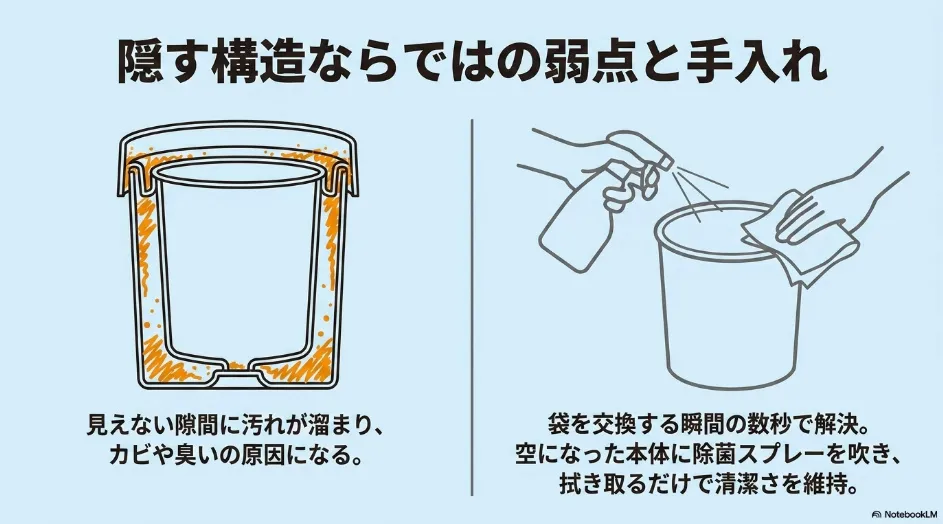 二重構造の見えない隙間に汚れが溜まる様子と、袋交換時に除菌スプレーとペーパーで拭き取る手入れ方法を示した図