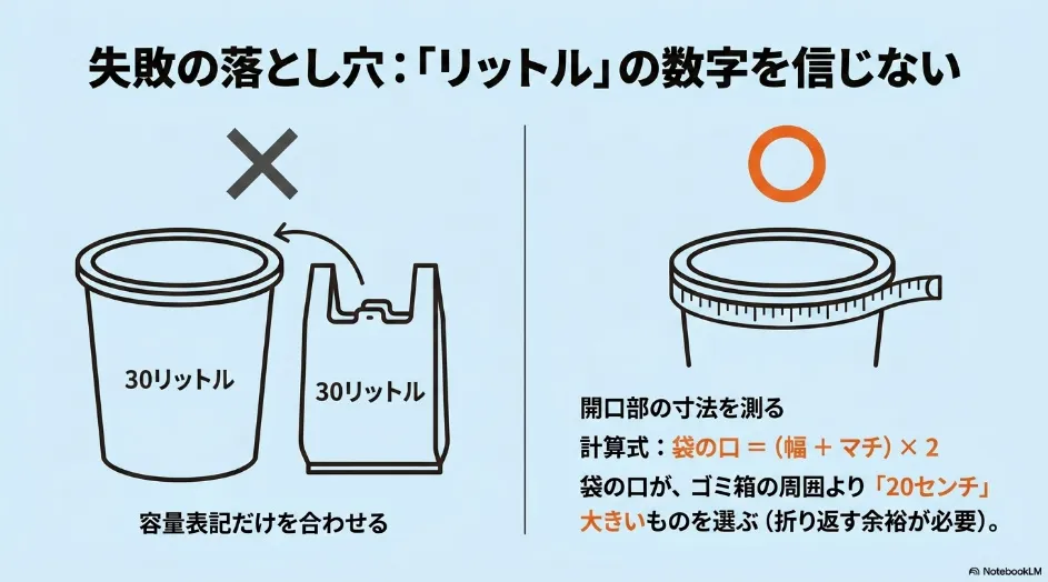 同じ30L表記でも袋が合わない例と、袋の幅とマチから袋の口を計算し、ゴミ箱の開口部より20cm大きく選ぶ方法を示した図