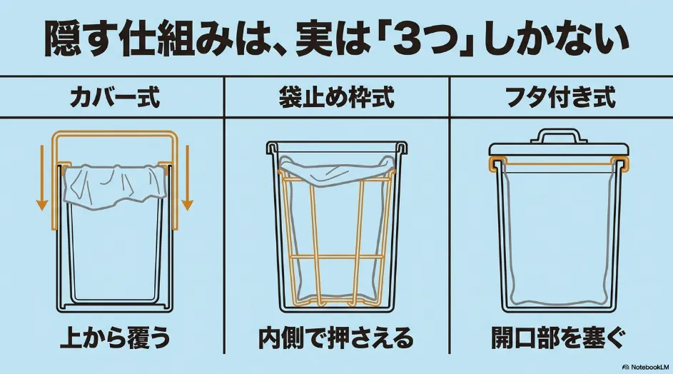 カバー式、袋止め枠式、フタ付き式について、袋を上から覆う、内側で押さえる、開口部を塞ぐという3つの仕組みを比較した図