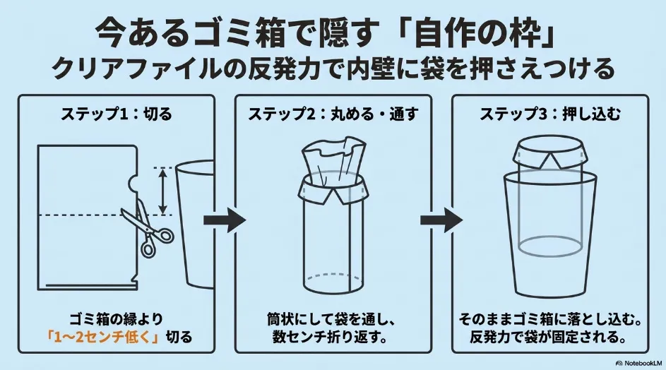 クリアファイルをゴミ箱の縁より1〜2cm低く切り、筒状にして袋を通し、ゴミ箱の内側へ押し込んで固定する3手順の図