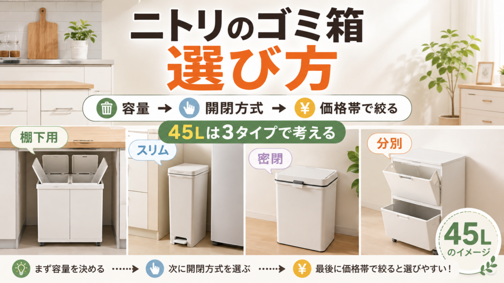 ニトリのゴミ箱の選び方を容量・開閉方式・価格帯の順に解説し、棚下用・スリム・密閉・分別タイプを比較したアイキャッチ画像