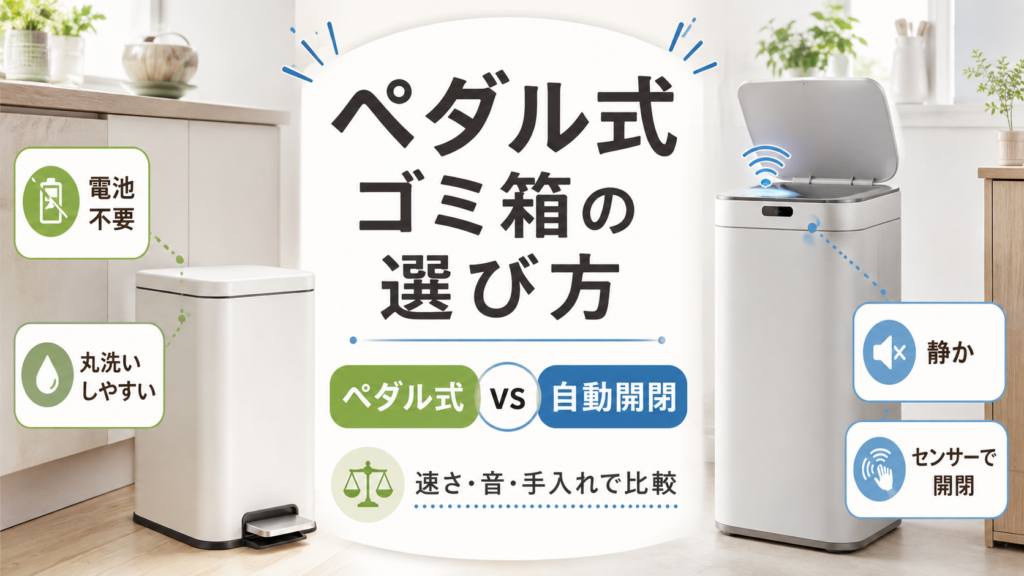 ペダル式ゴミ箱と自動開閉ゴミ箱を、電池不要・丸洗い・静音・センサー開閉の違いで比較したアイキャッチ画像