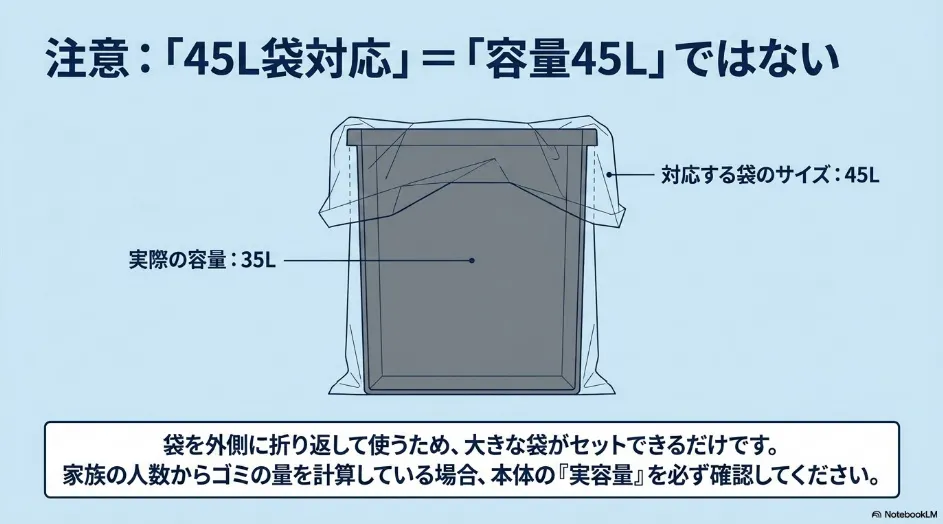 本体容量35Lのゴミ箱に45Lのゴミ袋を外側へ折り返して取り付ける構造を示した図