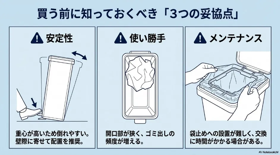 薄型ゴミ箱のデメリットとして、倒れやすさ、狭い開口部、ゴミ袋の交換しにくさを示した図