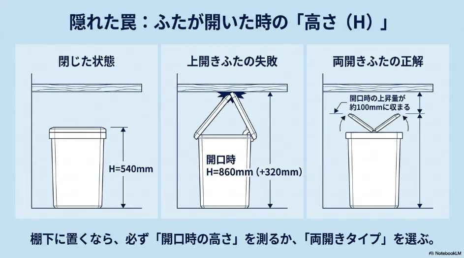 高さ540mmのゴミ箱が上開き式では開口時860mmになり、両開き式では上昇量を抑えられることを示した比較図