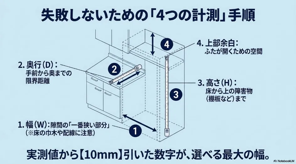 薄型ゴミ箱の設置場所について、幅、奥行、高さ、ふたを開ける上部余白の4か所を測る手順