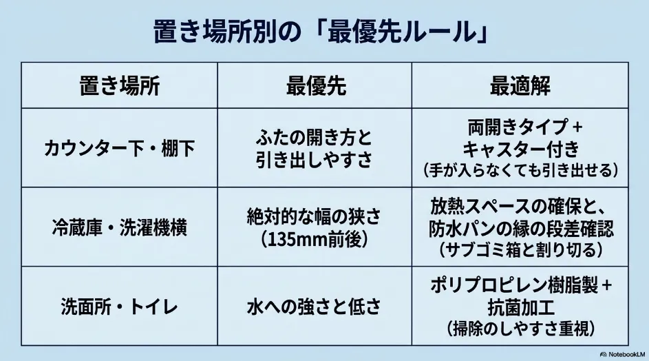 カウンター下、冷蔵庫や洗濯機横、洗面所やトイレに置く薄型ゴミ箱の優先条件と適した構造をまとめた表