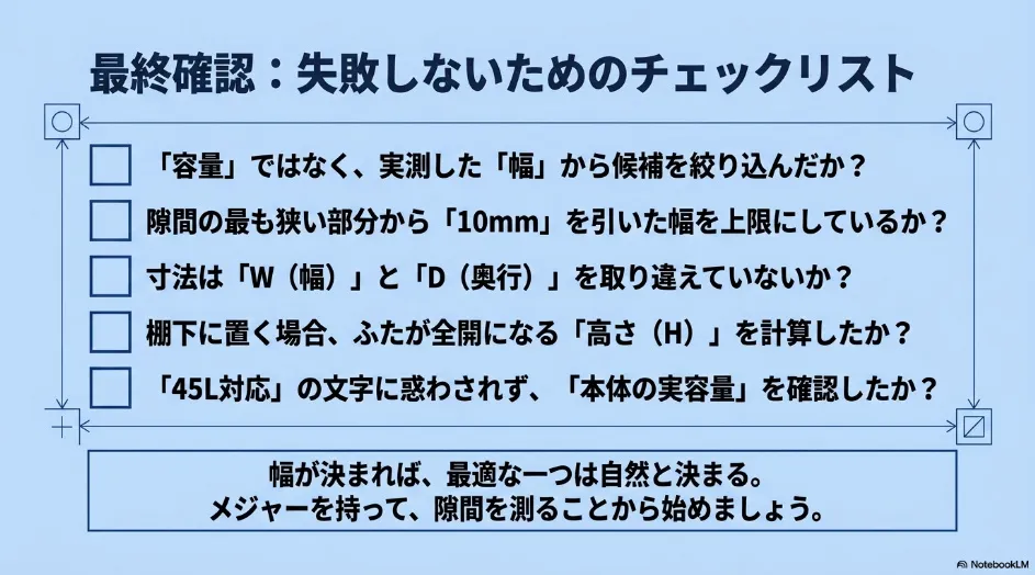 薄型ゴミ箱を購入する前に、実測した幅、10mmの余裕、幅と奥行、開口時高さ、実容量を確認するチェックリスト
