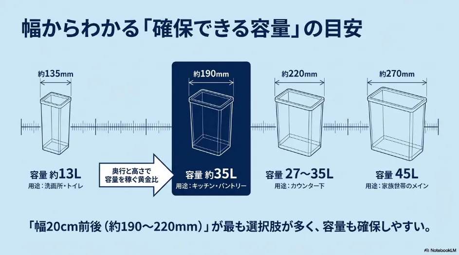 幅約135mmから270mmまでの薄型ゴミ箱について、確保できる容量と主な用途を比較した図