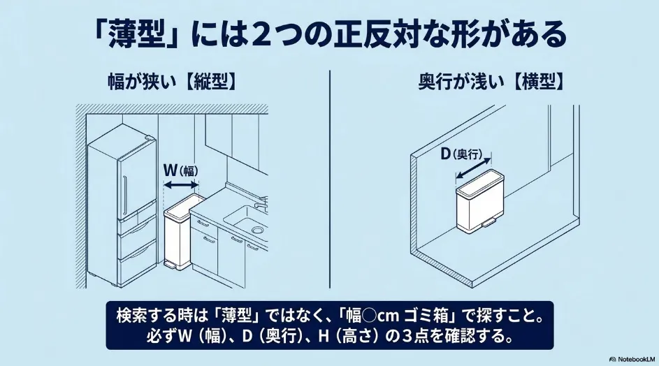 冷蔵庫横に置く幅が狭い縦型ゴミ箱と、壁際に置く奥行が浅い横型ゴミ箱の違いを示した比較図