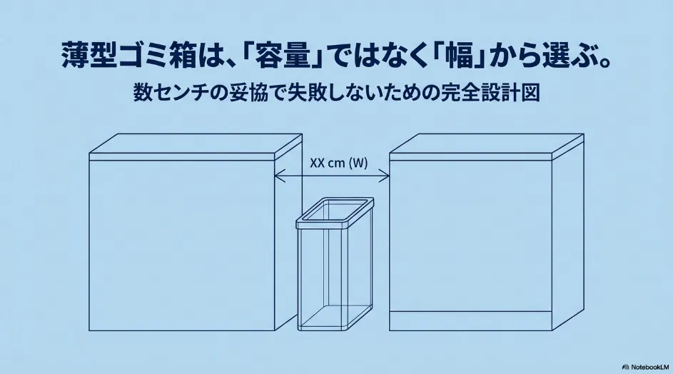 家具の隙間に置く薄型ゴミ箱と幅の測定箇所を示した、容量より幅から選ぶことを解説する図