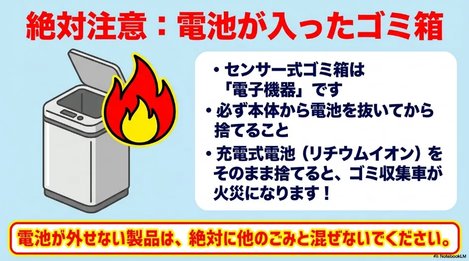 センサー式ゴミ箱と炎のイラストで、乾電池やリチウムイオン電池を入れたまま捨てる危険を示した図