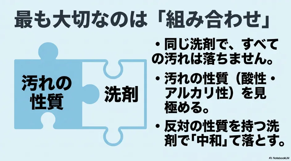 酸性やアルカリ性など汚れの性質を確認し、汚れに合った洗剤を組み合わせる考え方を示したスライド