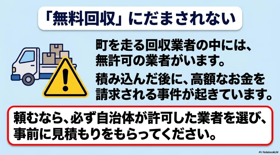 無料回収をうたう無許可業者や積み込み後の高額請求に注意し、自治体の許可と見積もりを確認するよう促す図