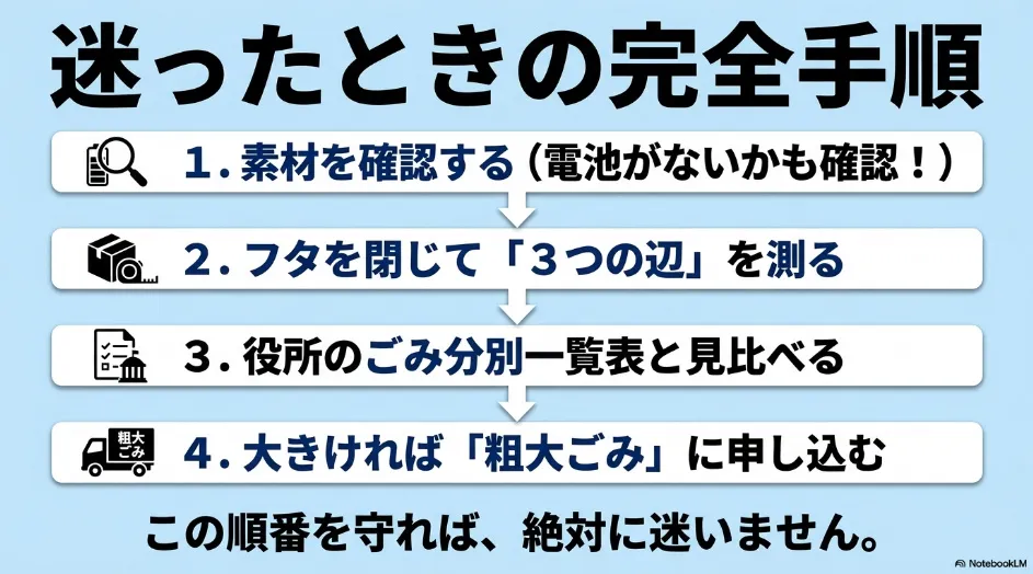 ゴミ箱の素材と電池を確認し、フタを閉じて3辺を測り、自治体の分別表と照合して粗大ごみを申し込む4つの手順を示した図