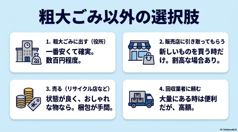 粗大ごみ、販売店の引き取り、リサイクルショップなどでの売却、回収業者への依頼という4つの処分方法を示した図