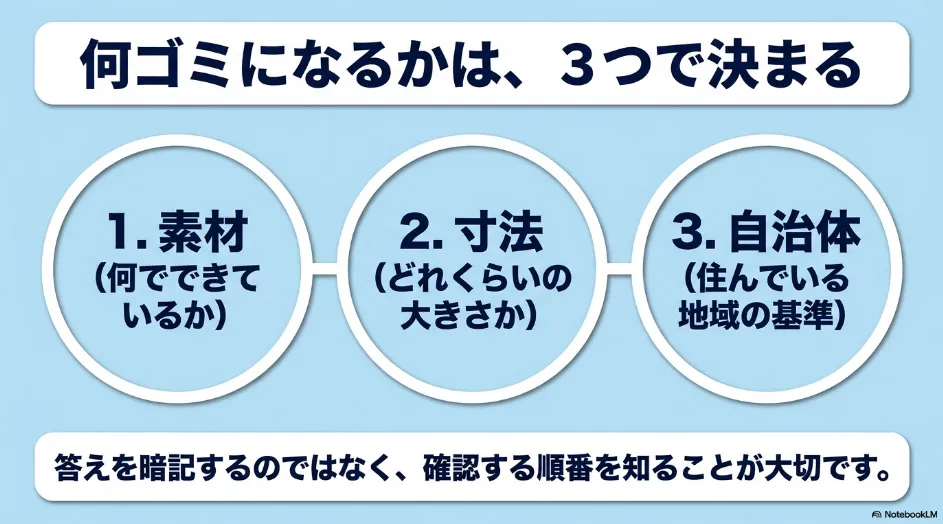 ゴミ箱が何ゴミになるかを決める素材・寸法・自治体の3つの条件を示した図