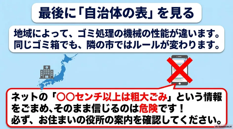 ごみ処理設備や分別基準は地域によって異なるため、自治体の公式分別表を確認する必要性を示した図