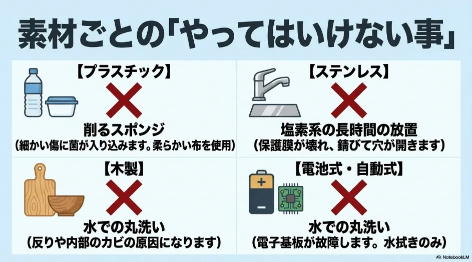 プラスチックは削るスポンジ、ステンレスは塩素系漂白剤の長時間放置、木製と電池式ゴミ箱は丸洗いを避ける注意点
