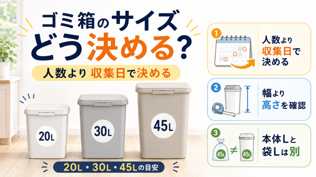 ゴミ箱のサイズを20L・30L・45Lで比較し、人数より収集日までの日数で容量を決める方法や高さ確認、本体容量と袋容量の違いを解説する画像
