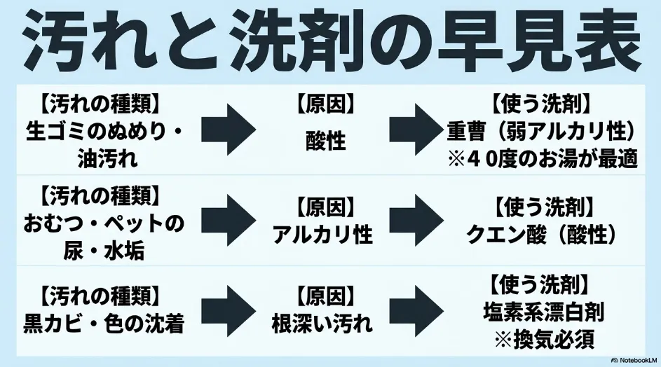生ゴミのぬめりや油汚れには重曹、おむつやペットの尿臭と水垢にはクエン酸、黒カビや色素沈着には塩素系漂白剤を使う早見表
