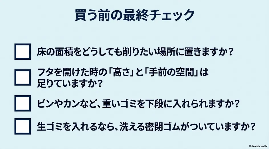 2段ゴミ箱を購入する前に、床面積、開閉空間、重いゴミの位置、密閉パッキンを確認するチェックリスト