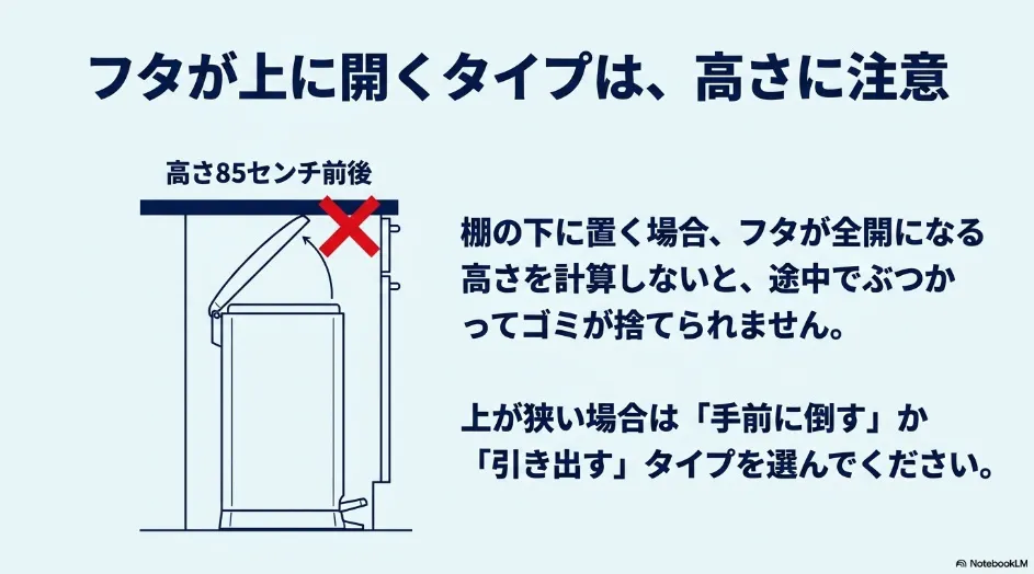 高さ約85センチの棚下で、上向きに開くゴミ箱のフタが天板に当たる例と対策を示した図