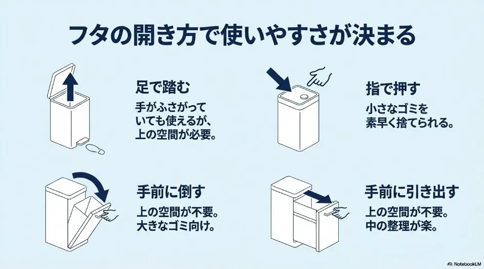 ペダル式、プッシュ式、フラップ式、引き出し式の4つのゴミ箱開閉方式を示した図