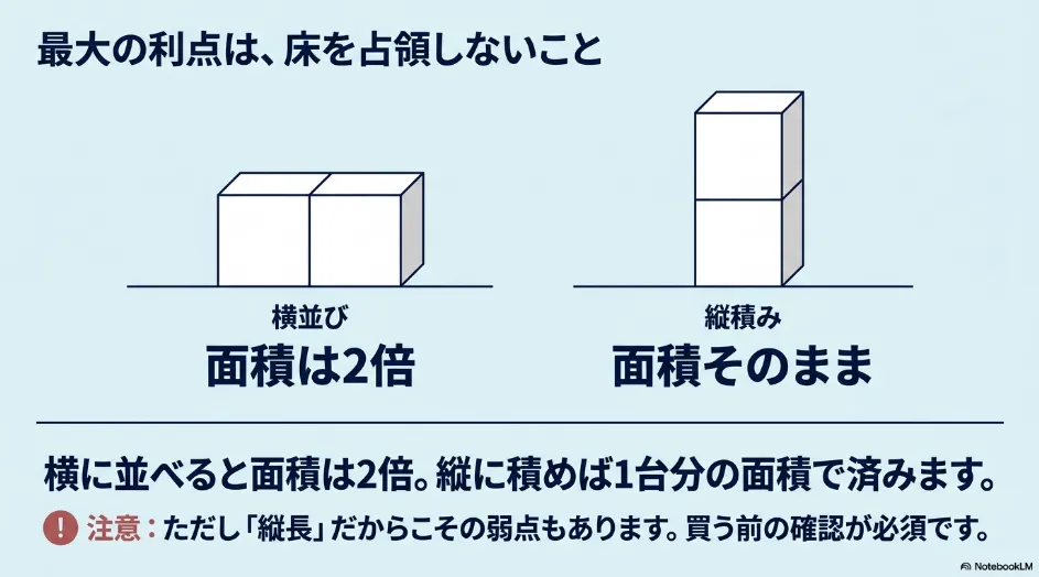 ゴミ箱2個を横並びにした場合と、2段に縦積みした場合の床面積を比較する図