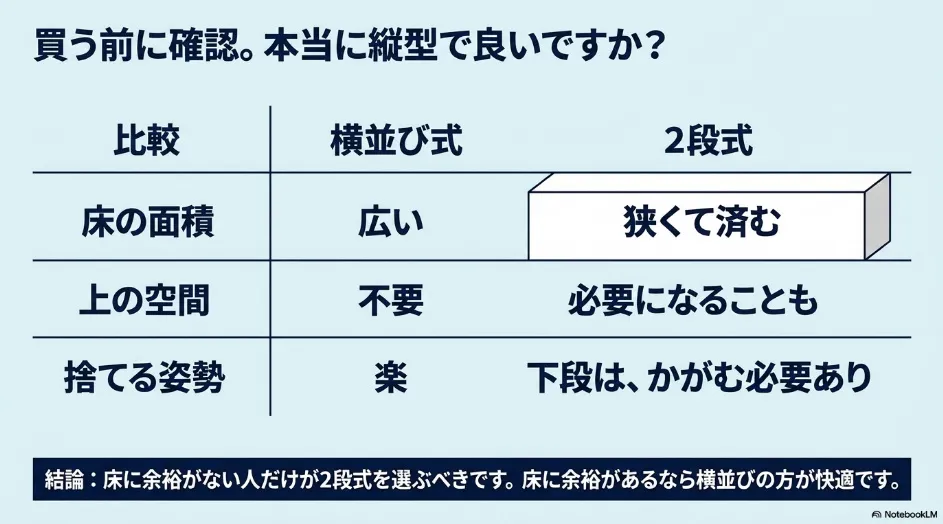 横並び式と2段式を、床の面積、上部空間、ゴミを捨てる姿勢で比較した表
