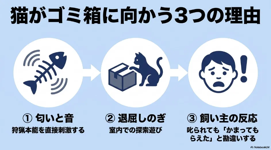 猫がゴミ箱に向かう理由を、匂いと音、退屈しのぎ、飼い主の反応の3つに分けて示した図