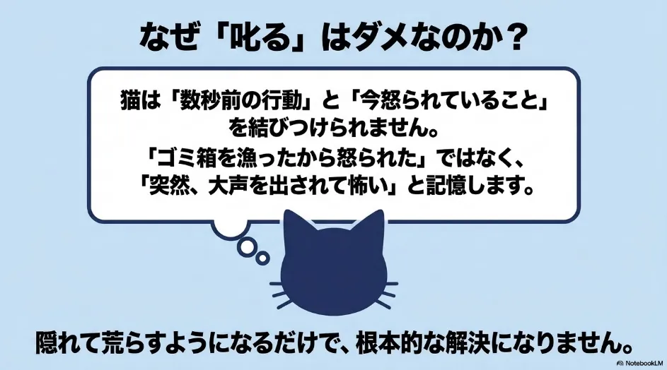 猫はゴミ箱を漁った行動と後からの叱責を結びつけにくく、叱っても根本的な解決にならないことを示す図