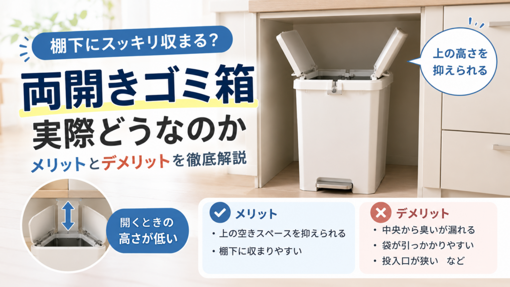 棚下に収まる両開きゴミ箱のイメージと、上の高さを抑えられるメリット、臭い漏れや袋の引っかかりなどのデメリットをシンプルに示したアイキャッチ画像