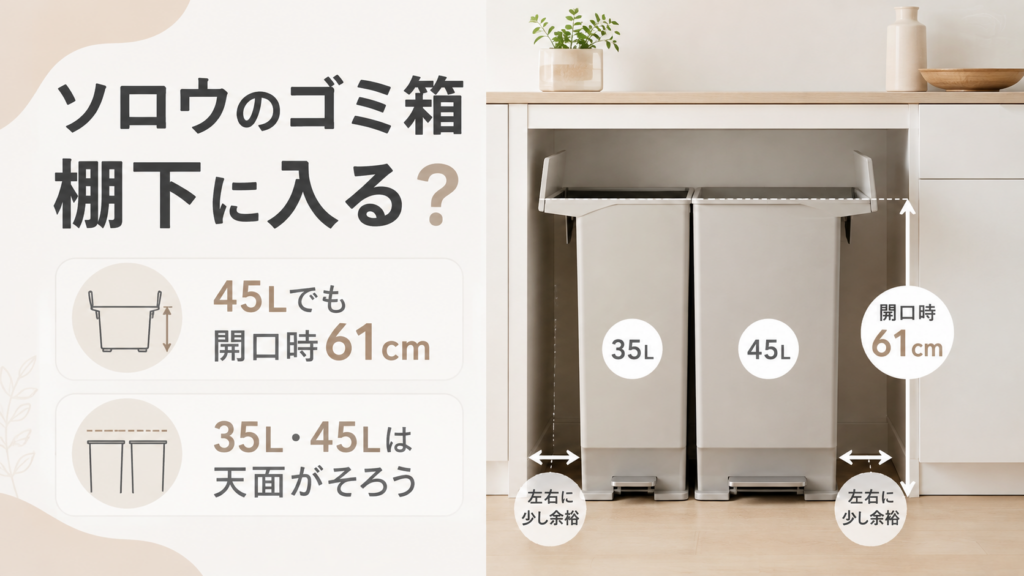 ソロウの35L・45Lゴミ箱を棚下に並べ、開口時61cmと左右の必要スペースを示した比較画像