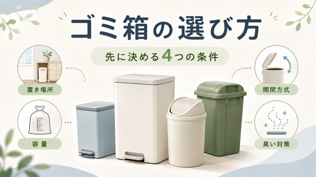 ゴミ箱の選び方として、置き場所・容量・開閉方式・臭い対策の4つの条件をゴミ箱とアイコンで解説した画像